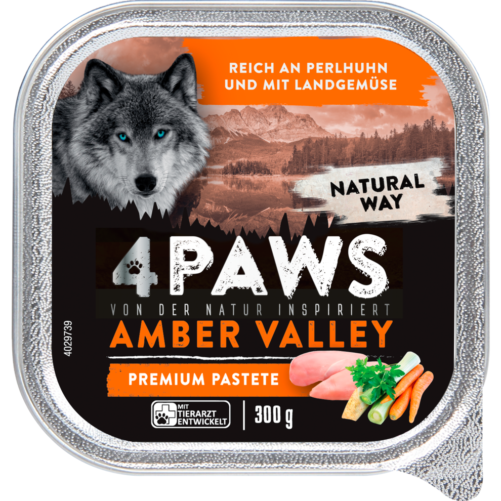 4PAWS Amber Valley Premium Pastete reich an Perlhuhn und mit Landgemüse 300G