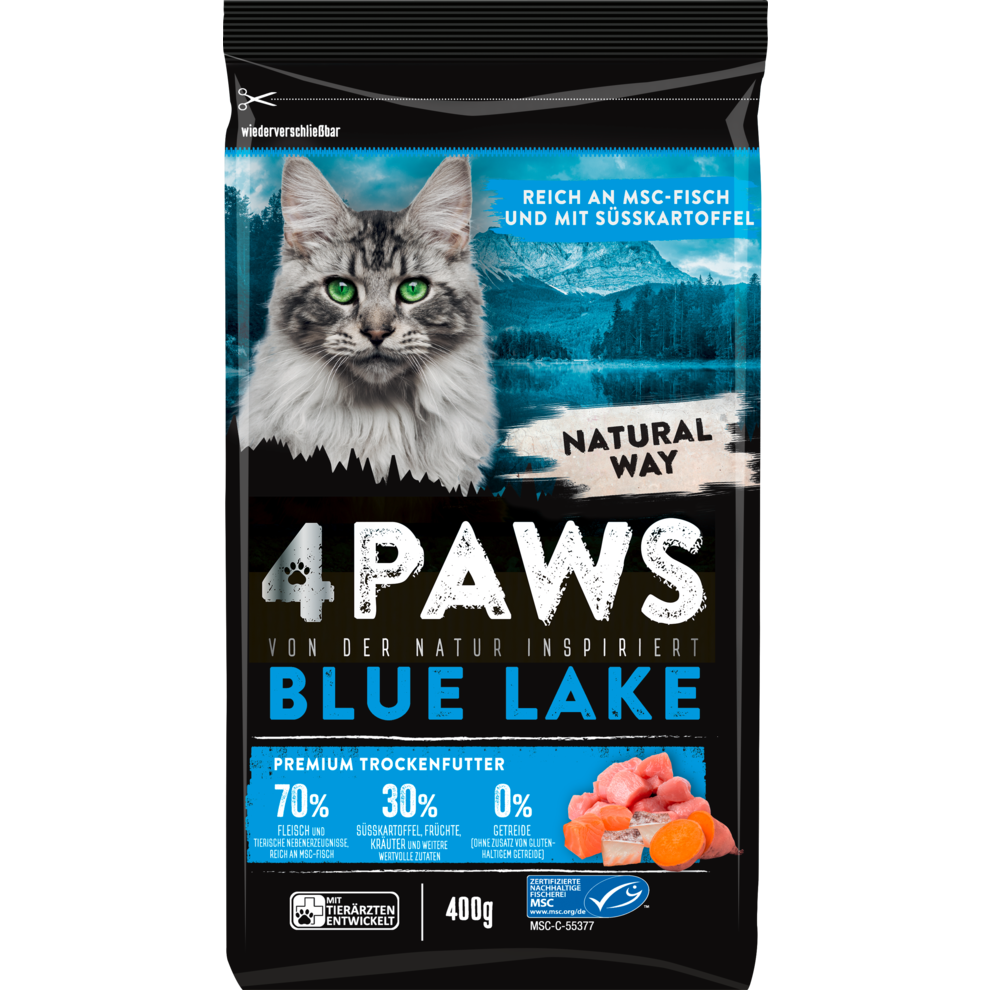 4PAWS Blue Lake Premium Trockenfutter reich an MSC Fisch mit Süsskartoffel - 400G