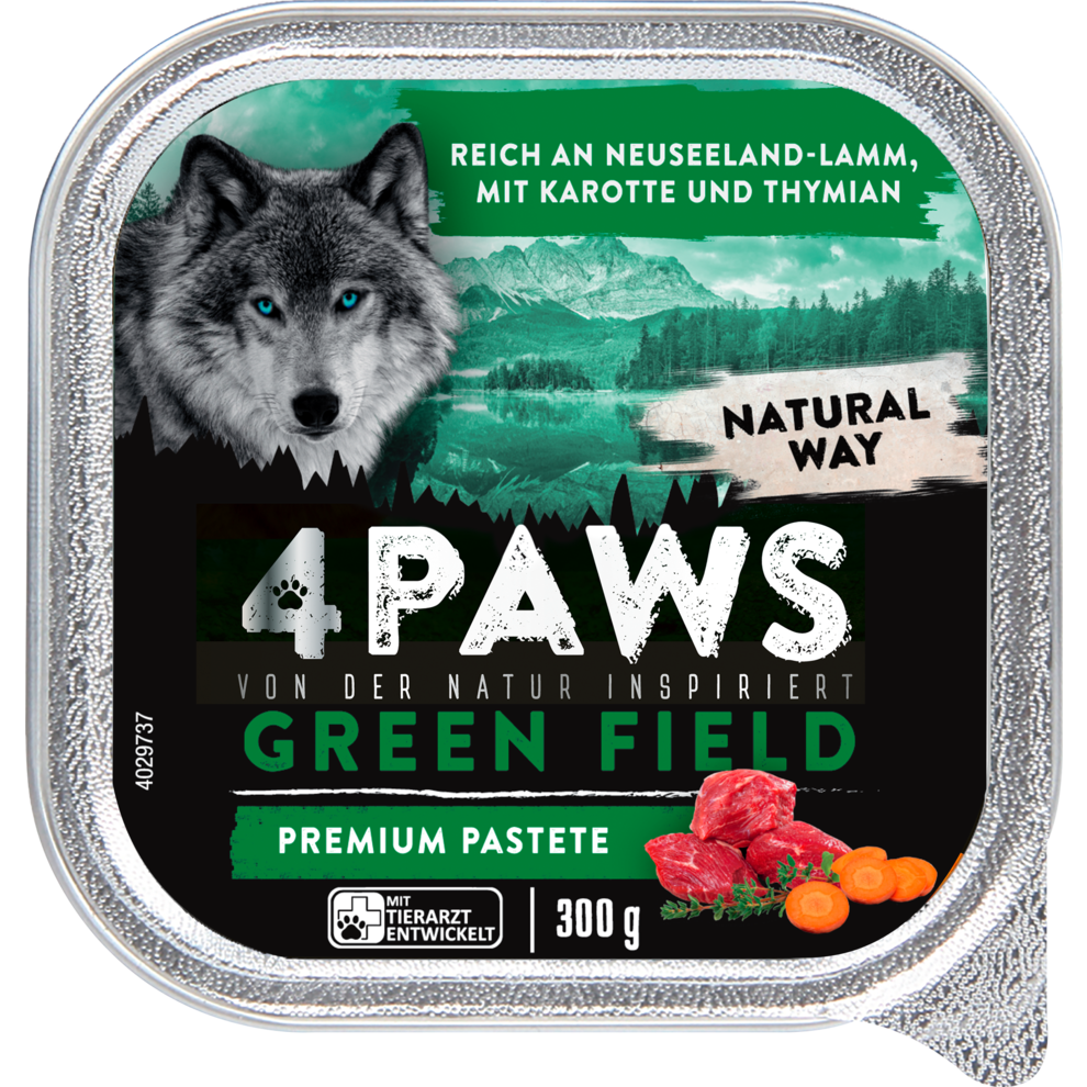 4PAWS Green Field Premium Pastete reich an Lamm mit Karotte und Thymian - 300G