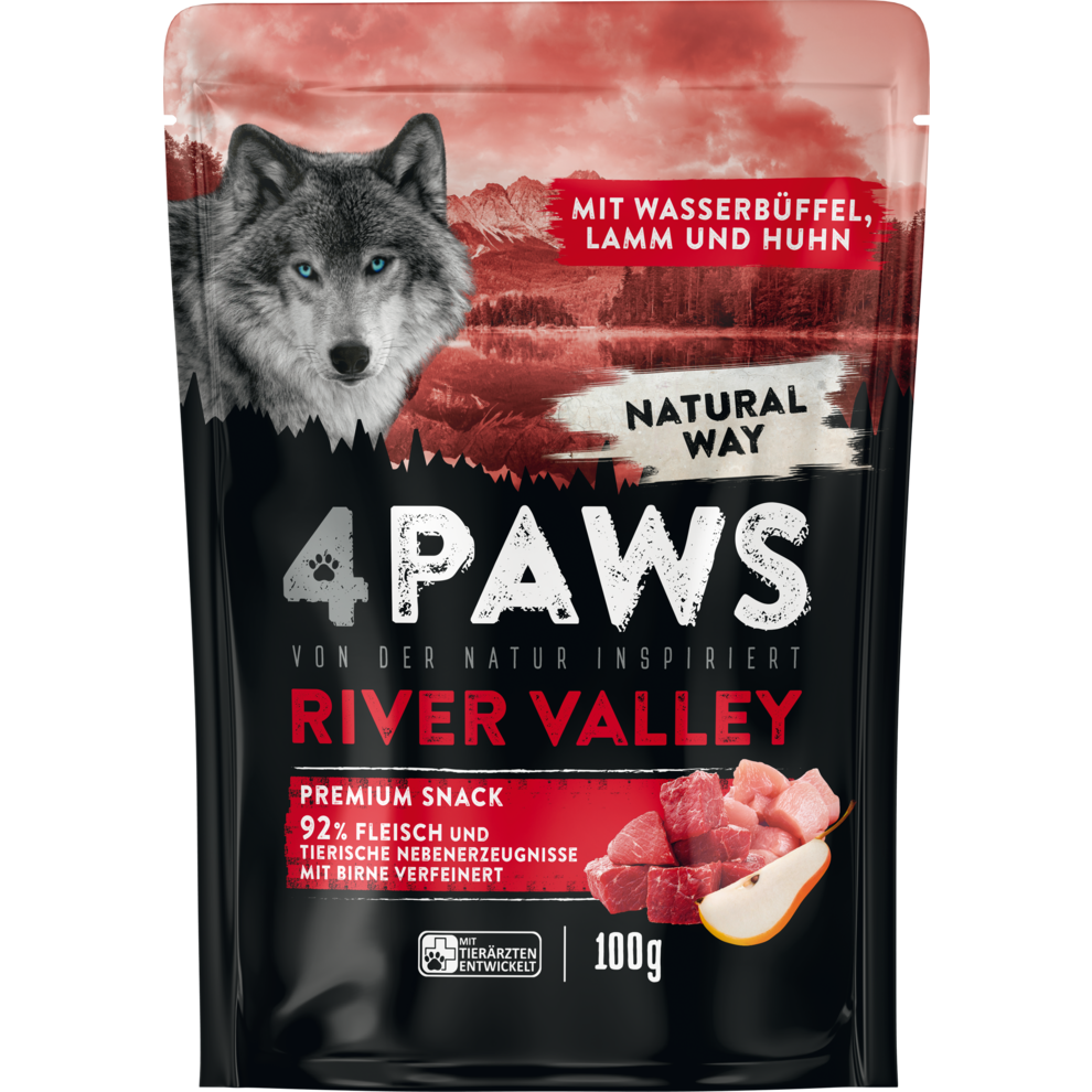 4PAWS River Valley Premium Snack - mit Wasserbüffel, Lamm und Huhn - 100G