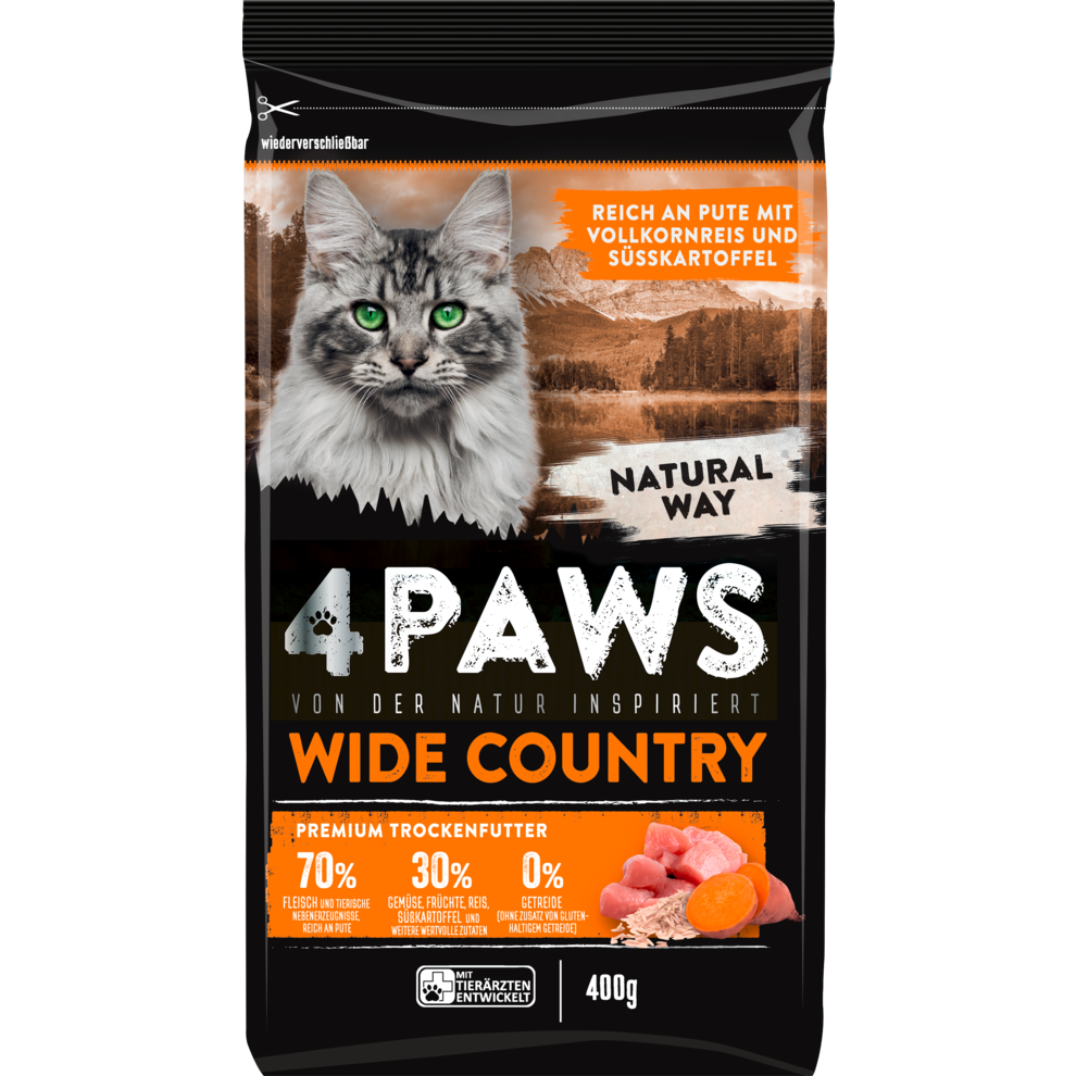4PAWS Wild Country Premium Trockenfutter - reich an Pute mit Vollkornreis und Süsskartoffel - 400G
